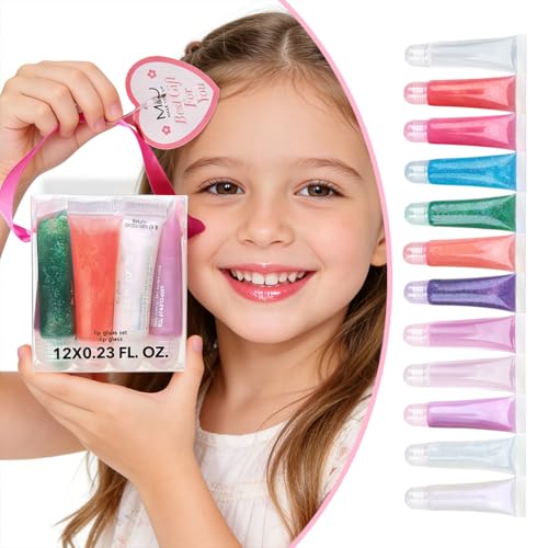 M&U Glitter Lip Gloss Set with Carrying Case, 12Pcs Assorted Flavors Moisturizing Shimmer Glossy Lip Party Favor Make-up for Kids and Teens Ages 5+