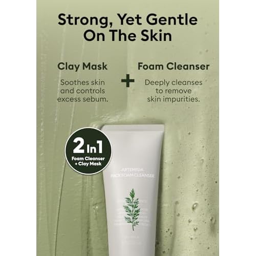 MISSHA Artemisia Pack Foam Cleanser 5.07 Fl oz/ 150ml, 2-in-1 Korean Facial Cleanser & Clay Mask with Double-Fermented Mugwort Extract, Soothes Sensitive Skin