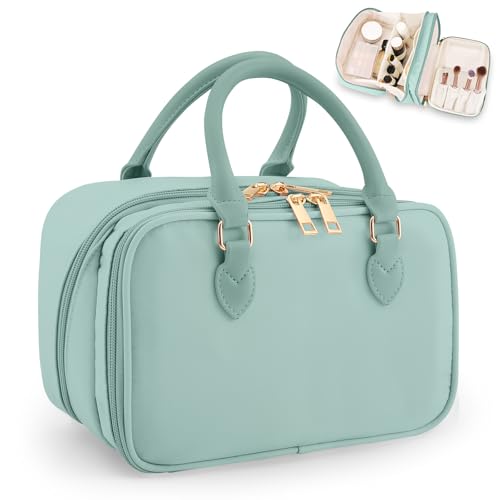 Travel Makeup Bag for Women Fashion Large Capacity Pouch Open Flat Cosmetic Portable Organizer Waterproof Large Opening Storage Toiletry Bags Vertical Free-Standing Brush Holder for Easy Access Blue
