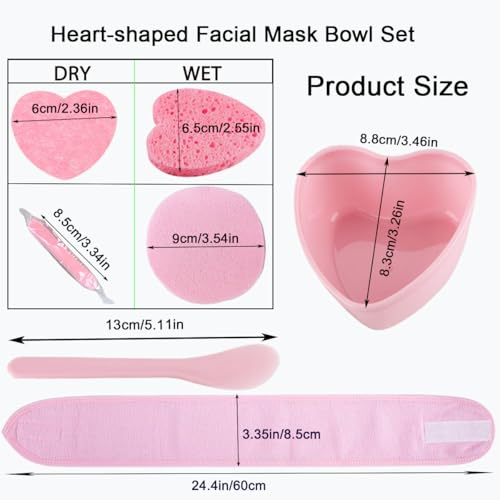 34 Pcs Esthetician Facial Supplies Kit, 6 Heart-Shaped Mask Bowls, 6 Headbands, 6 Spatulas, 10 Heart-Shaped Sponges, 6 Rectangular Sponges for Professional Spa & DIY Skincare(Pink)