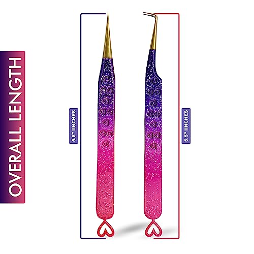 Precision Eyelash Extension Tweezers,Straight And 90-Degree, with Fiber Tip, Volume & Isolation Tweezers, Japanese Stainless Steel, Unique Heart Design (Multi-Color)