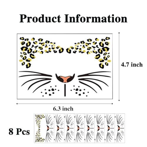 8 Sheets Leopard Face Tattoos Halloween Leopard Makeup Decorations Fake Cheetah Face Temporary Tattoos for Women Girls Halloween Parties Cosplay Accessories