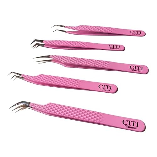 Lash Tweezers For Eye Lash Extension set of 5 Precise Fiber Tip with Diamond Grip Complete set for Volume Lashes Pink