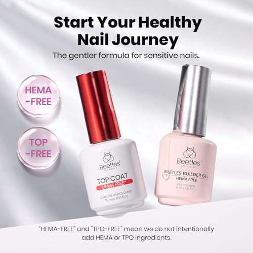 Beetles HEMA-Free 15ml Gel Top Coat and Builder Gel for Nails with Nail Brush, Low Heat Hypoallergenic Clear 8 in 1 Builder High Shine Long Lasting No Wipe Top Coat Nail Polish