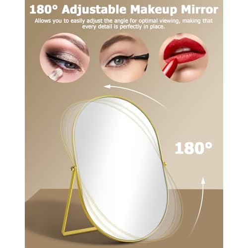 Vanity Desk Table Mirror, Adjustable Rotation Oval Tabletop Standing Makeup Mirror with Metal Framed for Living Room, Bedroom, Bathroom, Gold