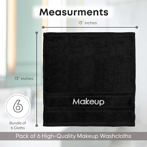 Makeup Towels - Pack of 6 - Soft Cotton Wash Cloths for Face & Makeup Removal, Airbnb Essentials for Hosts, Luxury Washcloths (13x13 Inches. Black)