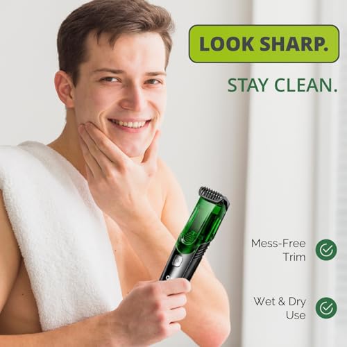 Vacuum Beard Trimmer for Men, Beard and Mustache Trimmer for Men with Adjustable Length Comb (1?20mm), IPX6 Waterproof Built-in Electric Trimmer for Beard, Mustache, and Stubble.