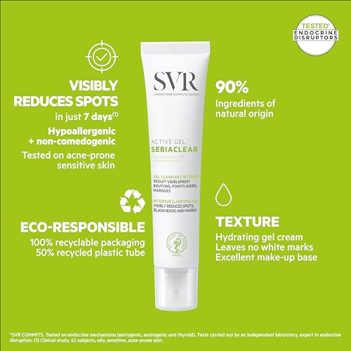 SVR Sebiaclear Active Face Gel Cream With Niacinamide, For Oily To Combination Skin. Facial Moisturizer To Reduce The Appearance Of Blemishes, Blackheads And Redness, Oil Free Skincare, 1.3 Fl.oz.