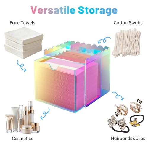 NiHome Iridescent Disposable Facial Towels Storage Box Fit for Clean Skin Club Towel XL, Acrylic Facial Clean Towels XL Holder Container Drawer Makeup Organizer for Bathroom, Vanity Makeup
