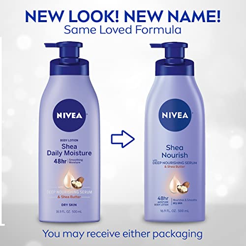 NIVEA Shea Nourish Body Lotion for Dry Skin with Hyaluronic Acid, Shea Butter and Deep Nourishing Serum, 48-Hour Body Moisturizer, 16.9 Fl Oz Pump Bottle (Pack of 2)