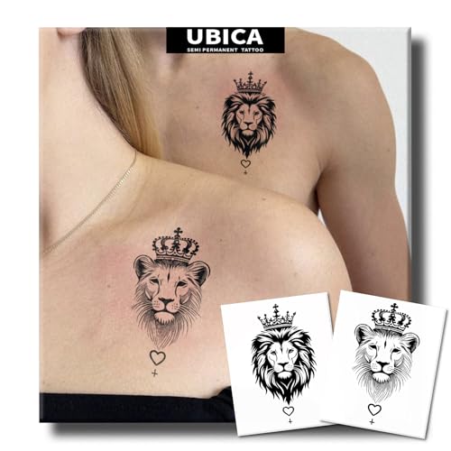 Semi Permanent Tattoos, 2 Sheets Tiny Realistic Temporary Tattoos for Women Men Arm, Fake Tattoo for Party, Waterproof No Reflective, Lasts 2 Weeks (Regal Crown Lion-Head Couple Designs)