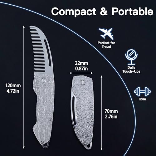 Small Folding Mustache Comb, Metal Beard Comb for men Pocket Mini Portable Fits In Keychain Anti-Static (Wood Grain)