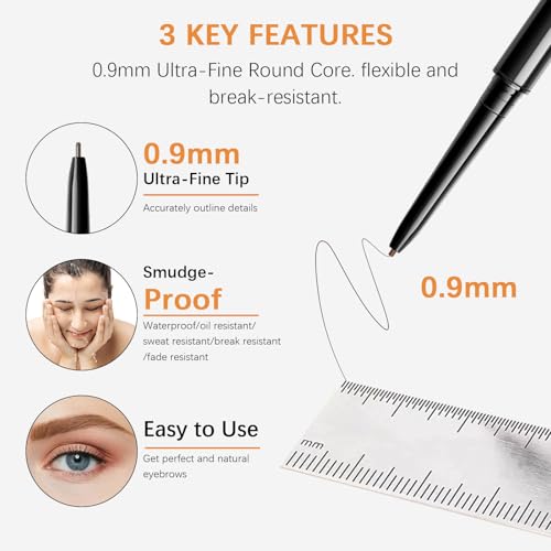 Browcharm Microblading Brow Pencil, 0.9mm Fine Tip, Waterproof Eyebrow Pencil, with 1+1 Same Color Refills, Shapes, Defines, Fills, and Contours for Full, Natural-Looking Brows (05 Deep Brown)