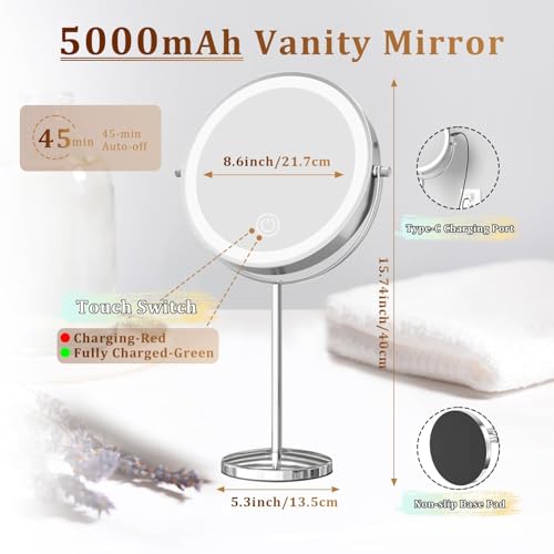 9in Vanity Mirror with Lights, Rechargeable&Dimming Lighted Makeup Mirror, 3X/20X Double Sided Magnifying Mirror,5000mAh,360 Rotate,3 Color Lights,Brightness with 80 LED,No Height Adjustment,Nickel