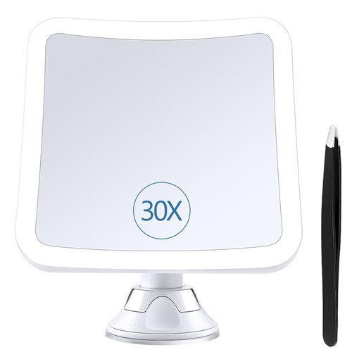 PIMPLEGO Magnifying Mirror with Light 30x, Lighted Makeup Mirror with Magnification, Rechargeable Magnifying Mirror Suction Cup with 1500 mAh Lithium Battery, Vanity Mirror for Precision Makeup