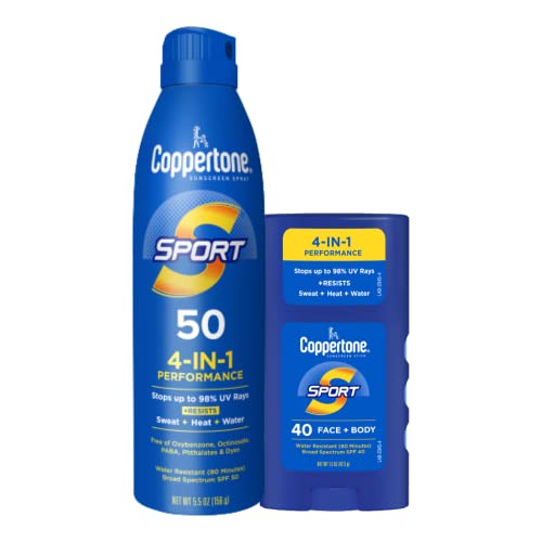 Coppertone Sport Sunscreen Spray SPF 50 (5.5 Oz) + Sport Sunscreen Stick SPF 40 for Face and Body, Travel Size (1.5 Oz), Sweat, Heat and Water Resistant Sunblock, Lightweight, Oxybenzone Free