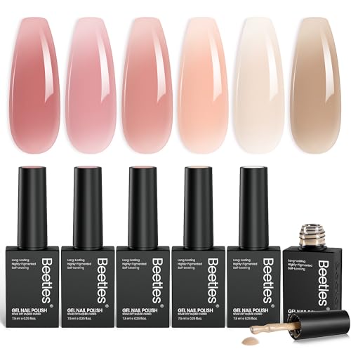 Beetles Nude Gel Nail Polish Set - 6 Colors Nude Pink Brown Neutral Jelly Gel Polish Kit Sheer Translucent Effect Soak Off UV Nail Art Design Drunken Rose Collection Manicure Gift for Women