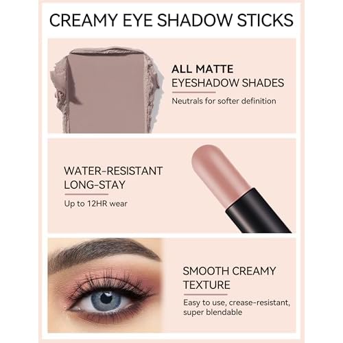 Erinde Waterproof Cream Eyeshadow Stick, Matte Nude Eye Shadow Sticks, Longwear Blendable High Pigmented, Neutral Eye Shadow Sticks Matte for Older Eyes, Smokey Eyeshadow Pencil Crayon, 19 Light Taupe