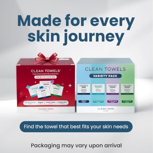 Clean Skin Club Clean Towels¢ç XL Variety 4-Pack Travel Set, Disposable Face Towels, Includes Original, Sensitive, Blemish Control & Healthy Aging, 40 Count Total, 10 Each