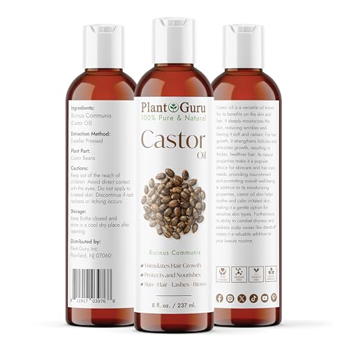 Plant Guru Castor Oil 8 fl. oz. Unrefined, 100% Pure Natural Hexane-Free, USP Grade, Hair Growth, Eyebrows and Eyelashes. Skin, Face and Body Moisturizer.