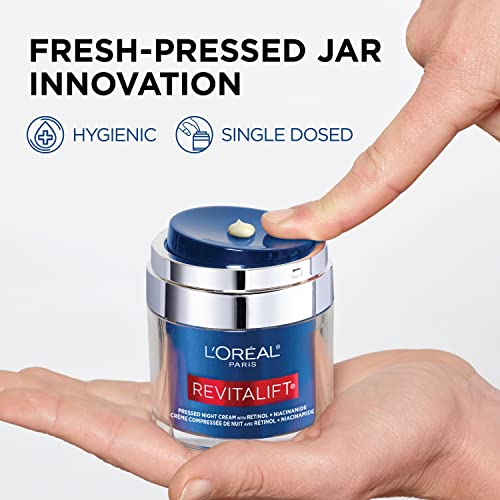L'Oreal Paris Revitalift Pressed Night Cream,Retinol + Niacinamide,Reduces Wrinkles,Fragrance Free,1.7 oz + Serum Sample,(Pack of 2)