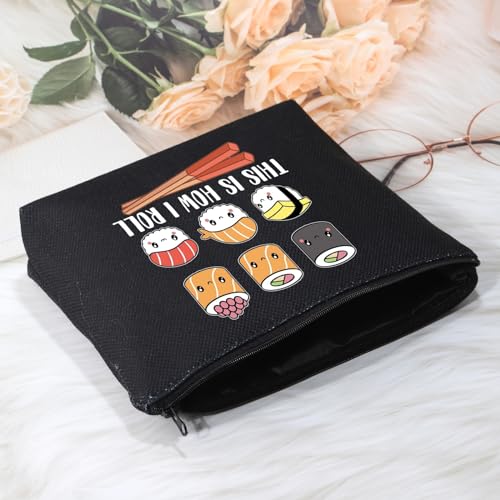 POFULL Sushi Lover Gift This Is How I Roll Cosmetic Bag Sushi Party Gift Japanese Cuisine Sushi Lover Gift (Black Sushi Bag)