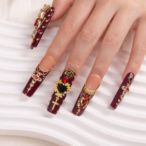 LOVFUL Press on Nails Gothic Romance| Handmade with Full Covered Crystals| Reusable Fake Nails| Square Mid length 1.7in| H333-S