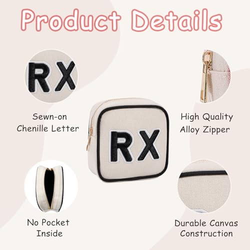 2Pcs Small Canvas Rx MEDS Medicine Packages, Cute Chenille Letter Patch Drug Makeup Bag with Metal Zipper, Mini Travel First Aid Purse Organizer Machine Washable (05RX and MEDS)