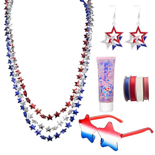 4th of July Accessories for Women Red White Blue Body Glitter Patriotic USA Dangle Star Sunglasses Ribbon Fourth of July Memorial Independence Day Outfit Gift Set