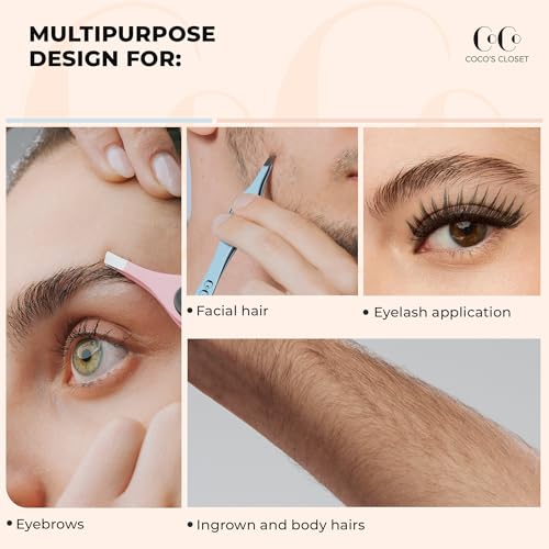 Cocos Closet Precision Tweezers for Women Facial Hair - Stainless Steel Tweezers for Women and Men - Ideal for Eyebrow Shaping and Hair Removal - Slanted Tips, Durable and Ergonomic Grip Design