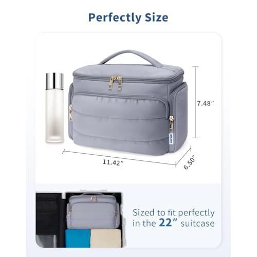 WANDF Travel Toiletry Bag for Women, Wide-open Large Makeup Bag with Handle, Puffy Makeup Organizer for Toiletries, Cosmetics, Accessories, Essentials (Slate Blue)