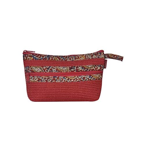 Eco-Friendly Dobby Kalamkari Pouch | Small Red Jute Bag with 2 Zippers | Reusable, Durable, Sustainable Handcrafted Travel & Cosmetic Organizer for Women & Men