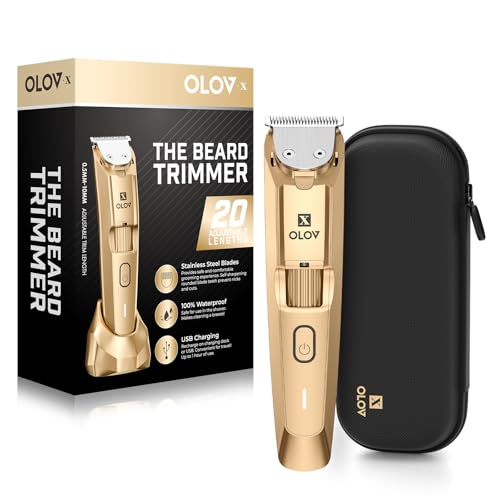 Men's Beard Trimmer- All-in-One Trimmer with Precision Dial - Premium Facial Hair Groomer - Adjustable 20 Length Setting, USB Recharge Dock, Cordless Waterproof Wet/Dry Clipper, Gold