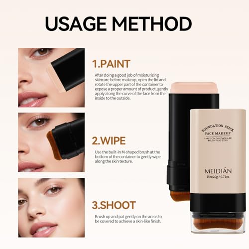 Ivory Foundation Stick-2-in-1 Creamy Concealer&Brush,Buildable Coverage for Smooth, Brightening Makeup Look