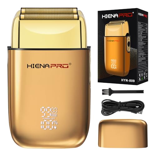 HIENA PRO Foil Shaver for Men Barber, Double Electric Foil Trimmer, Professional Electric Razor, Close Shaver, Cordless Rechargeable with USB, Detachable Design, LED Display, Gold