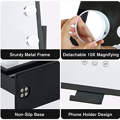 TOPMILO Lighted Makeup Mirror, Vanity Mirror with Lights, Hollywood Vanity Mirror with 9 Dimmable Bulbs Lights, 3 Lighting Modes, Detachable 10X Magnification Mirror, Smart Touch Control, 360¡ÆRotation