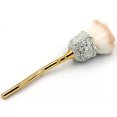 Bling Rhinestones Rose Shaped Powder Makeup Brush, Luxury Foundation Brush with Soft Bristles for Makeup Application (Silver)