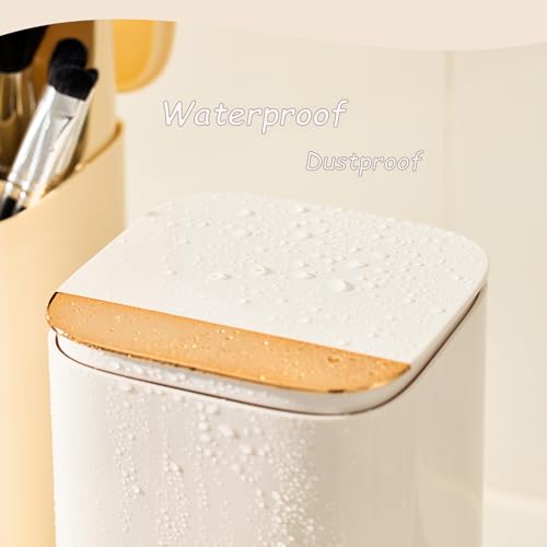 Makeup Brush Holder with Lid, Automatic Lifting Waterproof Dustproof Makeup Brushes Organizer for Vanity Desktop Bathroom Countertop(White)