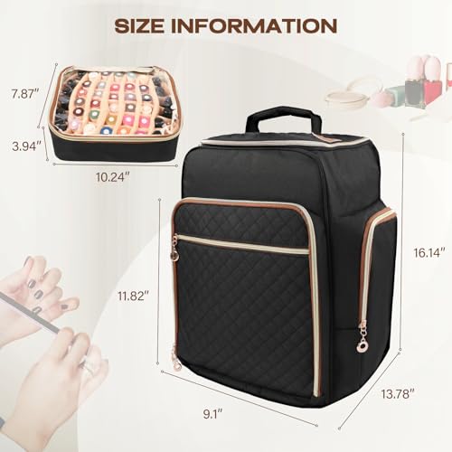 Nail Polish Organizer Backpack Holds 126 Bottles & Nail Lamp, Extra Large Nail Organizers and Storage Case with 3 Removable Pouches, Portable Nail Bag for Tech & Travel