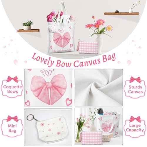 Coquette Pink Bow Canvas Tote Bag - 3 PCS Pink Bow Cotton Preppy Canvas Bag Set with Pink Plaid Makeup Bag and Cute Mini Bag, Reusable Grocery Shopping Bag, Coquette Stuff Tote Bag Gifts for Girls