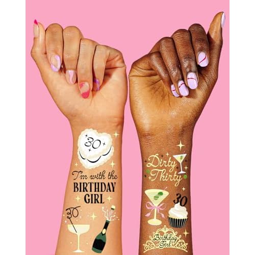 xo, Fetti 30th Birthday Temporary Tattoos - 50 Gold Foil Pcs | Birthday Cocktail Accessory, Dirty Thirty Olive Party Favor, Cute RIP to My 20s Bday Activity