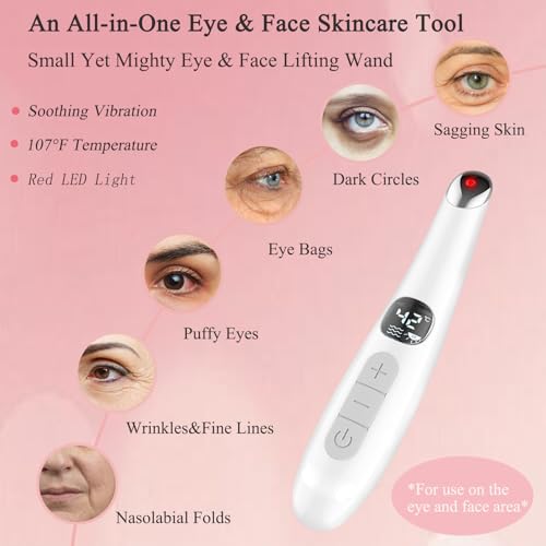 Eye Lift Wand, 3 in 1 Vibrating Red Light 98¡ÆF to 113¡ÆF LCD Display Eye Massager for Dry Eyes, Dark Circles and Puffiness, Electrical Face, Neck Sculpting Pen for Fine Lines and Wrinkles