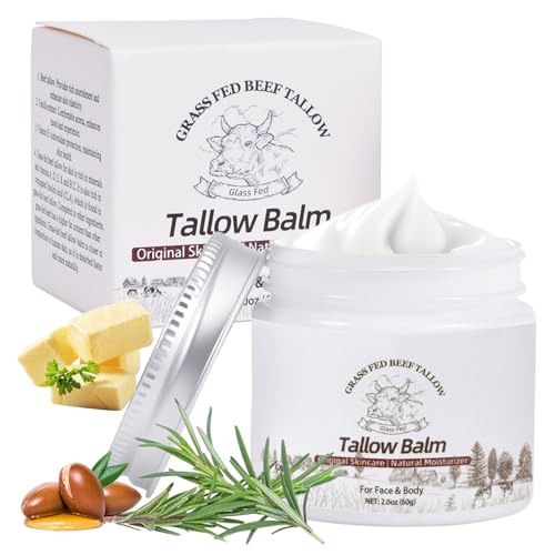 Beef Tallow for Skin - 100% Grass Fed Whipped Beef Tallow Moisturizer Cream, Face & Body Balm with Organic Jojoba Oil & Vitamin E, Natural Skin Care for Mature, Dry, Sensitive Skin (2.0oz)