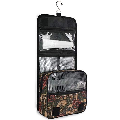 ALAZA Skull With Rose Vintage Travel Toiletry Bag Hanging Multifunction Cosmetic Case Portable Makeup Pouch Organizer with Hook