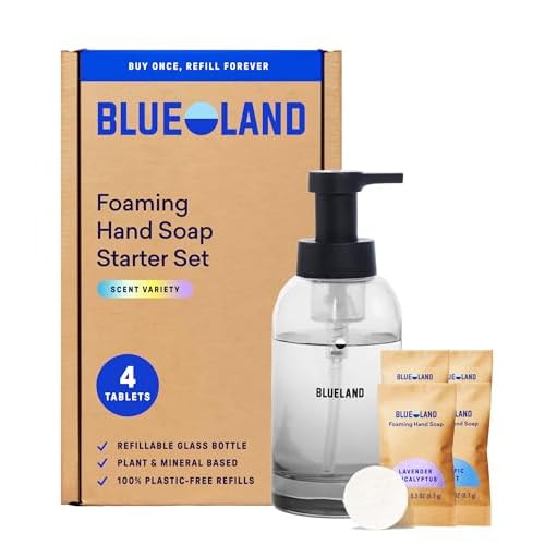 BLUELAND Hand Soap Starter Set, 1 Refillable Glass Foaming Hand Soap Dispenser in Slate with 4 Refill Tablets, Variety Scents, 4 x 9 Fl oz