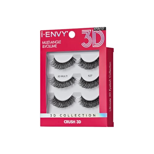 i-ENVY 3D False Lash, 3 Pairs Fluffy & Wispy Multi-Angle Volume Strip Eyelashes, DIY Lash Extension Look With Clear Band, Glamorous & Dramatic Natural Curl from 3D Collection, Easy to Apply & Reusable