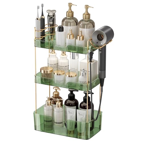 Aveniee Bathroom Counter Organizer,3 Tier Skincare Perfume Countertop Storage with Hair Dryer Rack and Toothbrush Holder, Cosmetic Makeup Tray for Vanity - Green