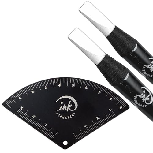 Ink Permanent Brow Mapping Kit with Eyebrow Ruler and 2 White Peeling Pencils ? Aluminum Alloy Fan-Shaped Eyebrow Design Tool for Microblading, PMU, and Permanent Makeup
