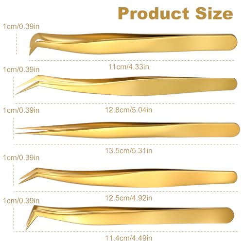 5 Pcs Lash Tweezers Set High Precision Stainless Steel Eyelash Tweezers Gold Curved Volume Professional Applicator Individual Lash Extensions Tool with Storage Box for Classic