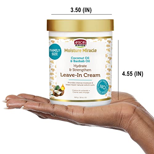 African Pride Moisture Miracle Leave-In Cream with Baobab Oil & Coconut Oil for Coily & Curly Hair, Adds Moisture, Helps Repair & Strengthen, 18 oz